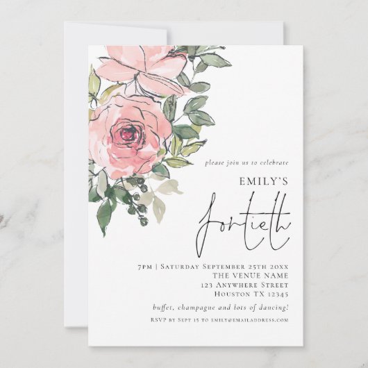 Elegant Blush Pink Florals Fortieth Birthday Party Einladung (Vorderseite)