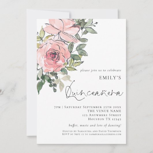Elegant Blush Pink Florals Quinceañera 15. Party Einladung (Vorderseite)