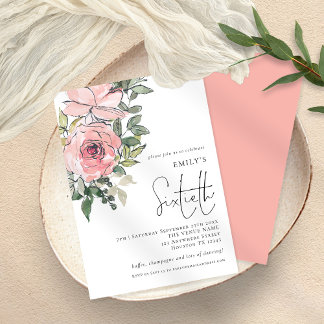 Elegant Blush Pink Florals Sixtieth Birthday Party Einladung