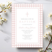 Elegant Blush Pink Gingham Girl Baptism Einladung