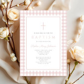 Elegant Blush Pink Gingham Girl Baptism Einladung