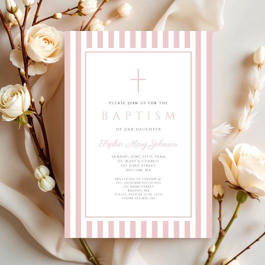 Elegant Blush Pink Girl Baptism Einladung