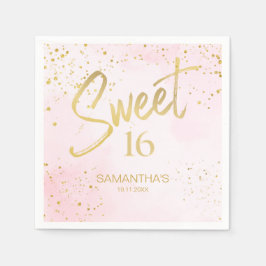 Elegant Blush Pink & Gold Confetti Sweet 16 Serviette