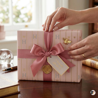 Elegant Blush Pink & Gold Pinstripe Initial H Mono Geschenkpapier