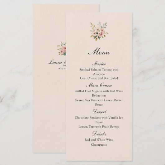Elegant Blush Pink Gold Roses Wedding Flat Menu Menükarte (Vorne/Hinten)