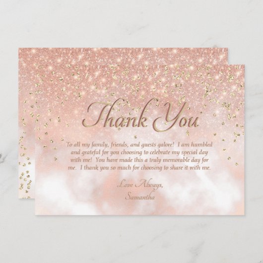 Elegant Blush Pink Gold Sparkle Script Typografie Dankeskarte (Vorne/Hinten)