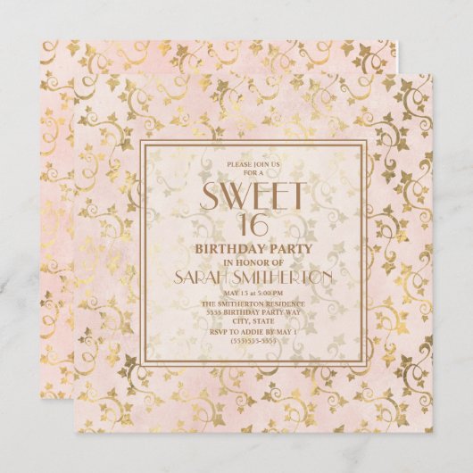 Elegant Blush Pink Gold Sweet 16 Einladung (Vorne/Hinten)