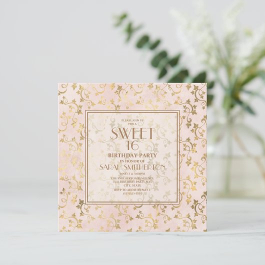 Elegant Blush Pink Gold Sweet 16 Einladung (Stehend Vorderseite)