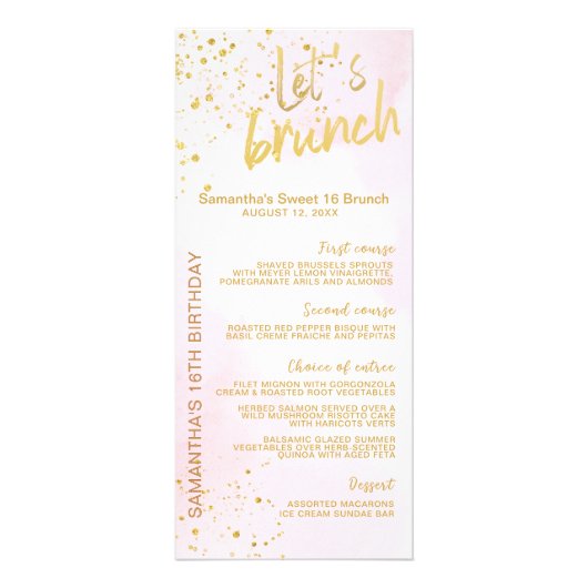 Elegant Blush Pink & Gold Sweet 16 Menu Werbekarte (Vorne)
