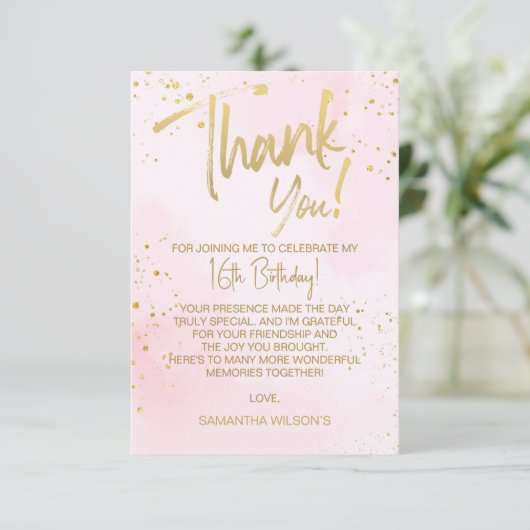 Elegant Blush Pink & Gold Sweet 16 Thank You Card Dankeskarte (Stehend Vorderseite)