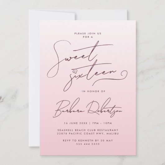 Elegant Blush Pink Gradient Script Sweet Sixteen Einladung (Vorderseite)