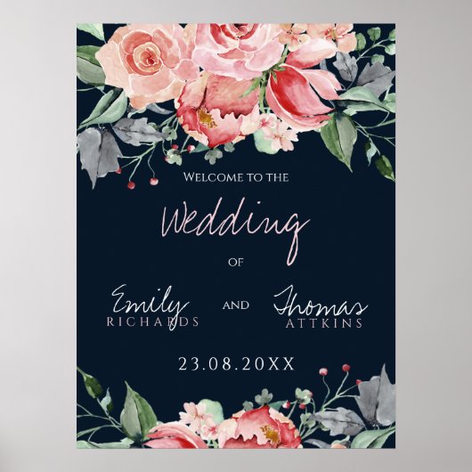 Elegant Blush Pink Navy Script Hochzeit Poster (Vorne)