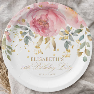 Elegant Blush Pink Peony Floral 80. Geburtstag Pappteller