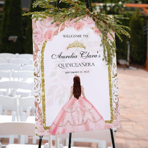 Elegant Blush Pink Prinzessin Floral Quinceañera Poster