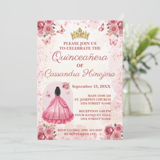 Elegant Blush Pink Quinceñera Einladung 15 Anos (Stehend Vorderseite)