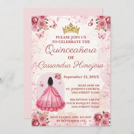 Elegant Blush Pink Quinceñera Einladung 15 Anos (Vorne/Hinten)