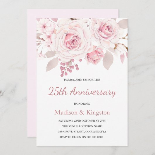 Elegant Blush Pink Roses 25. Hochzeitstag Einladung (Vorne/Hinten)