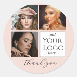 Elegant Blush Pink Script 3 Photo Logo Makeup  Runder Aufkleber