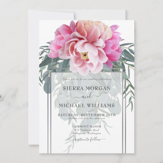 Elegant Blush Pink Silver Gray Bouquet Wedding Einladung (Vorderseite)