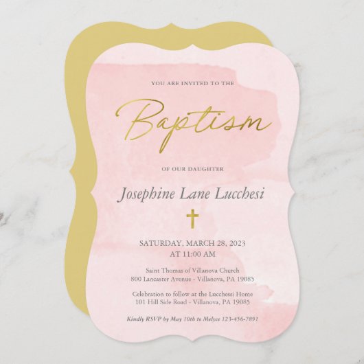 Elegant Blush Pink Wasserfarbe und Gold Taufe Einladung (Vorne/Hinten)