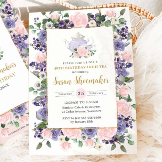 Elegant Blush & Purple Floral Tea Party Birthday Einladung