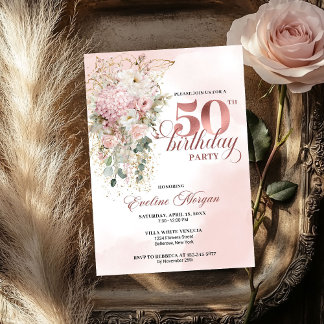 Elegant Blush Rose Gold Eucalyptus 50th Birthday  Einladung