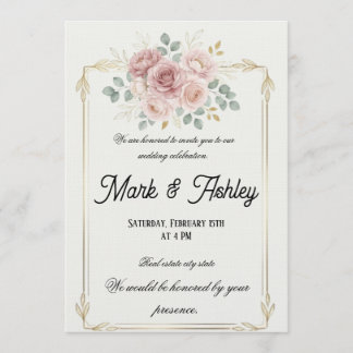 Elegant Blush Rose & Gold Frame Wedding Invitation Einladung