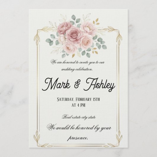 Elegant Blush Rose & Gold Frame Wedding Invitation Einladung (Vorderseite)