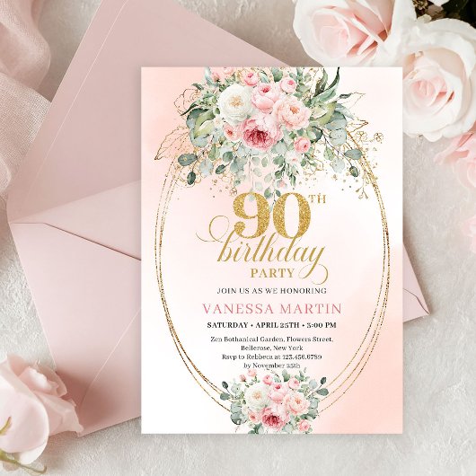 Elegant Blush Rose Greenery Gold 90th Birthday Einladung