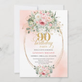 Elegant Blush Rose Greenery Gold 90th Birthday Einladung (Vorderseite)