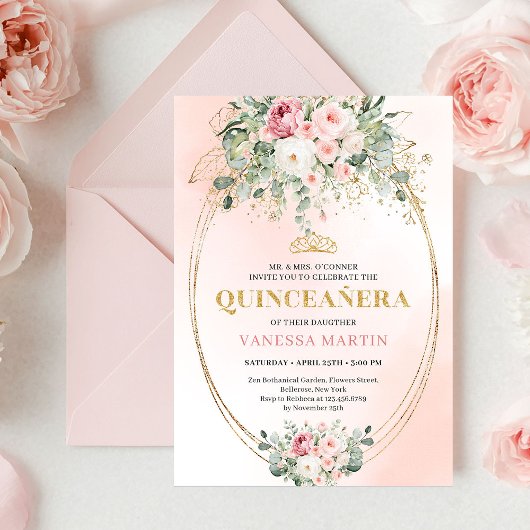 Elegant Blush Roses Boho Quinceañera Gold Invitati Einladung
