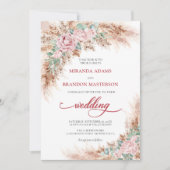 Elegant Blush Roses Pampas Grass Floral Wedding Einladung (Vorderseite)