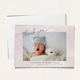 Elegant Blush Texture Script Baby Birth Two Foto Dankeskarte