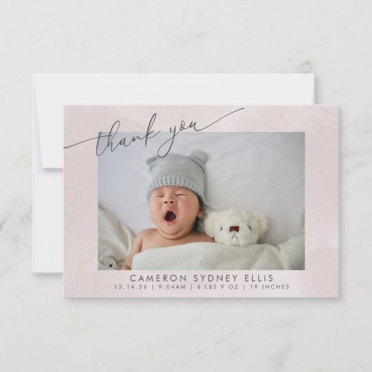 Elegant Blush Texture Script Baby Birth Two Foto Dankeskarte (Vorderseite)