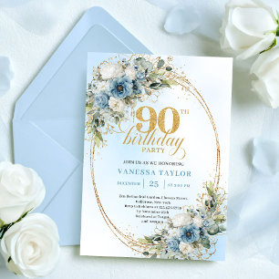 Elegant Boheme Blau Weiße Blumen 90. Geburtstag Einladung