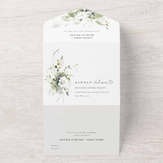 Elegant Boho Abstrakte weiße Blumenhochzeit All In One Einladung (Außenbereich)