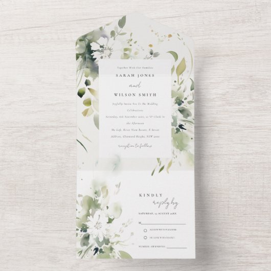 Elegant Boho Abstrakte weiße Blumenhochzeit All In One Einladung (Innen Boden)