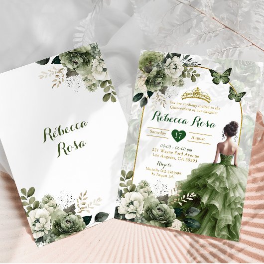 Elegant Boho Arch Sage Grüne Prinzessin Quinceañer Einladung