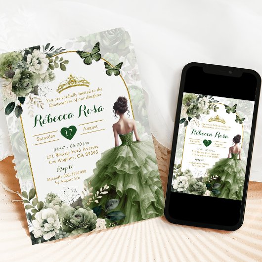 Elegant Boho Arch Sage Grüne Prinzessin Quinceañer Einladung
