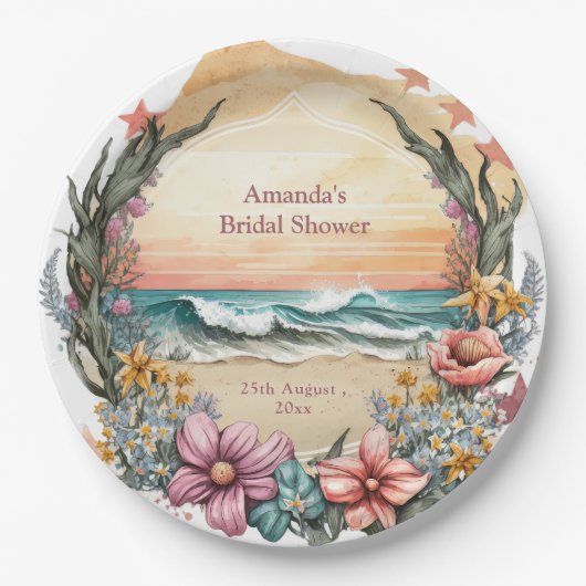 Elegant Boho Beach Blume Wreath Monogram Wedding Pappteller (Vorderseite)