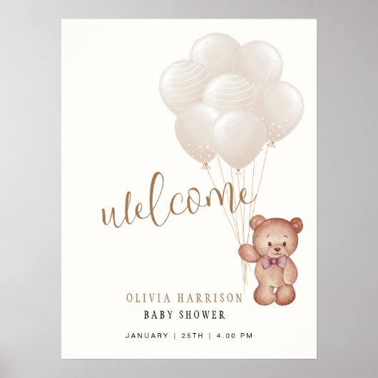 Elegant Boho Bear Balloon Baby Dusche Begrüßungsze Poster (Vorne)