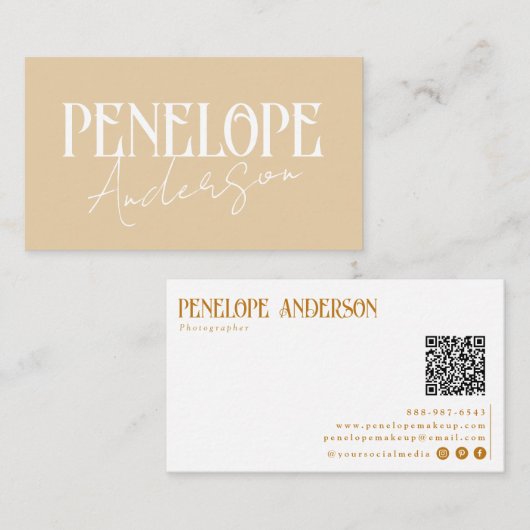 Elegant Boho Beige Neutral QR Code Minimal Modern Visitenkarte (Vorne/Hinten)