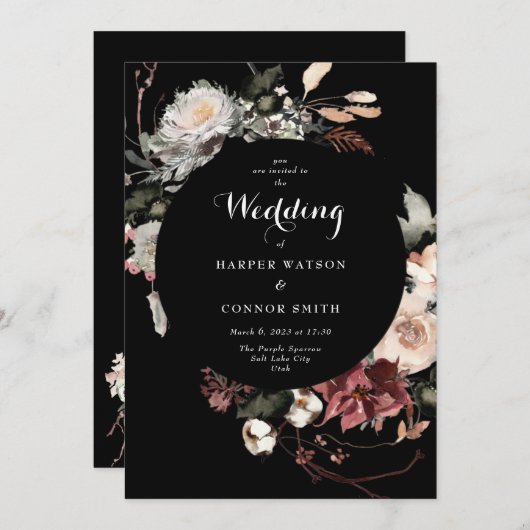 Elegant Boho Black Dried Burgundy Rustic Florals Einladung (Vorne/Hinten)