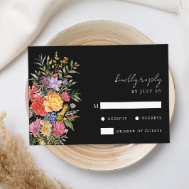 Elegant Boho Black Dutch Floral Wedding RSVP Karte