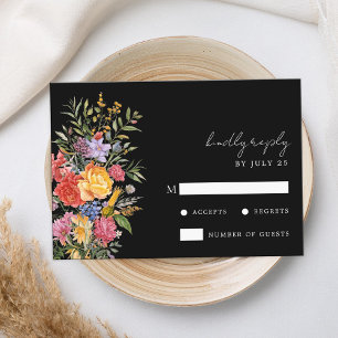 Elegant Boho Black Dutch Floral Wedding RSVP Karte