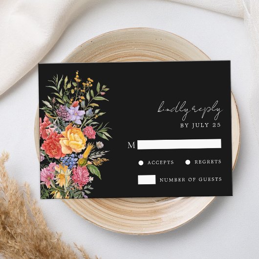 Elegant Boho Black Dutch Floral Wedding RSVP Karte