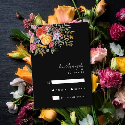 Elegant Boho Black Dutch Floral Wedding RSVP Karte