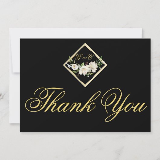 Elegant Boho Black Floral Gold Wedding Monogram Dankeskarte (Vorderseite)