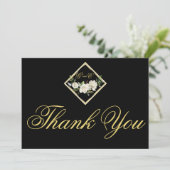 Elegant Boho Black Floral Gold Wedding Monogram Dankeskarte (Stehend Vorderseite)