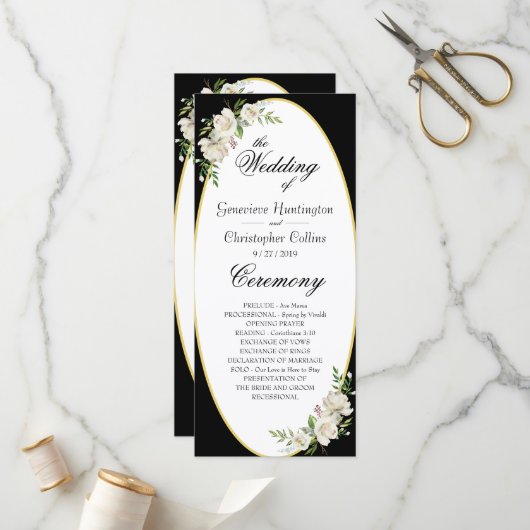 Elegant Boho Black Floral Wedding Zeremonie Programm (Vorderseite/Rückseite Beispiel)